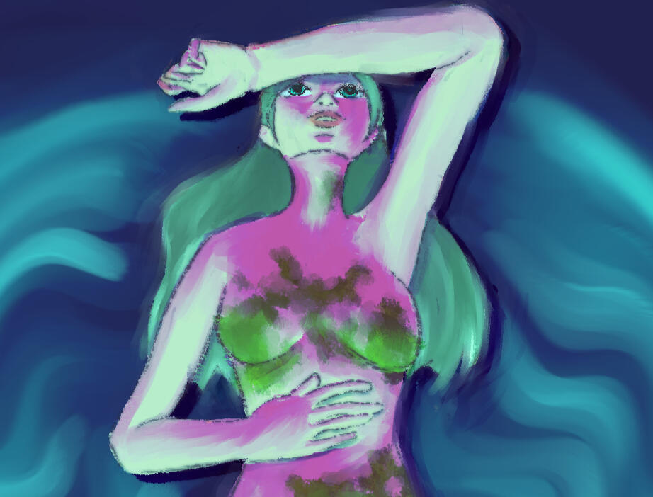 a digital painting of a woman covered in moss with teal hair and neon lighting floating above rippled water
